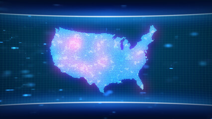 United States USA map glowing blue silhouette outline made of lines dots triangles, low polygonal shapes. Communication, internet technologies concept. Wireframe futuristic design