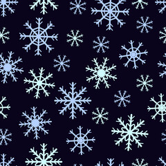 Fototapeta na wymiar Hand drawn seamless snowflake pattern on black background. Winter wallpaper