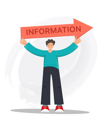 Man holding sign post with information word, signs for web sites design, searching information concept, flat vector illustration