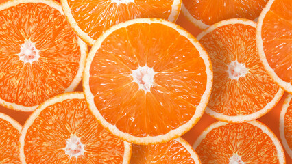 Lots of sliced oranges fresh colors, looks delicious, rotating camera, top view.