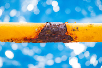 Rust pipe damage paint and corrosion on pipeline industrial sea offshore.