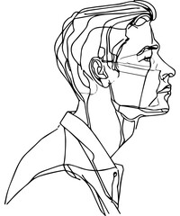 Isolated man. Continuous line, vector art. Linear doodle of minimal simple human contour. Handsome single line design. Creative character on white background. Businessman drawing. Hipster vintage. 