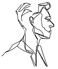 Isolated man. Continuous line, vector art. Linear doodle of minimal simple human contour. Handsome single line design. Creative character on white background. Businessman drawing. Hipster vintage. 
