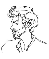 Isolated man. Continuous line, vector art. Linear doodle of minimal simple human contour. Handsome single line design. Creative character on white background. Businessman drawing. Hipster vintage. 