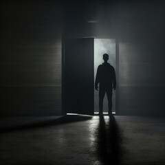 Fototapeta premium Silhouette of man in dark room. Illustration about depression. Made by AI.