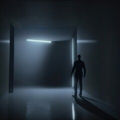 Obraz premium Silhouette of man in dark room. Illustration about depression. Made by AI.