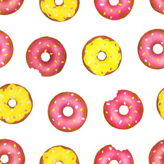 Sugar donuts hand drawn seamless pattern. Sweet fast food print. Acrylic paint donut design. Pink glaze yellow icing bakery. For wrapping paper, stationary print, textile fabric design, fun wallpaper.