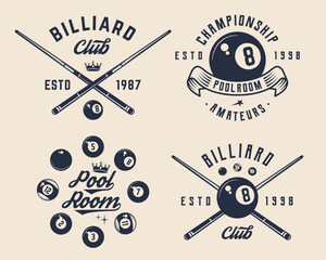Billiard, 8-ball logo set. 4 billiard related labels, badges, emblems. Billiard emblem, poster templates. Vector illustration