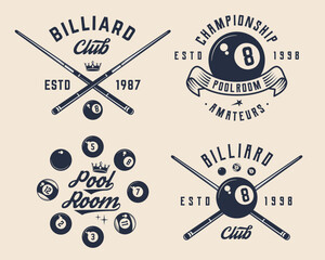 Fototapeta premium Billiard, 8-ball logo set. 4 billiard related labels, badges, emblems. Billiard emblem, poster templates. Vector illustration