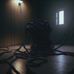 Rope in dark room. Illustration about depression. Made by AI.