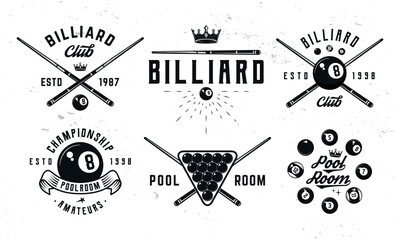 Billiard, 8-ball logo set. 6 billiard emblems with cue, balls, crown and banner icons. Hipster Design. Pool room, 8-ball. Emblem, poster templates. Vector illustration - obrazy, fototapety, plakaty