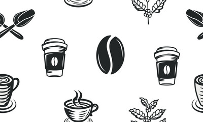 Coffee seamless pattern. Coffee, Cafe background. Vintage coffee icons isolated on white background. Vector illustration