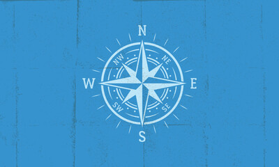 Vintage compass icon. Compass icon with light rays isolated on a blue background. Poster design with grunge texture. Vector illustration
