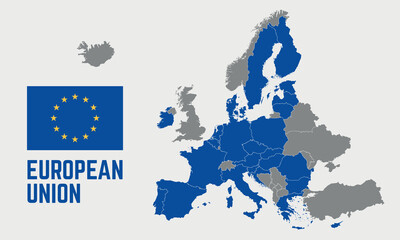 European Union political map. EU flag. Europe map isolated on a white background. Vector illustration - obrazy, fototapety, plakaty