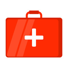 Doctor red suitcase, first aid kit. Medical equipment and preparations for treatment and examination of the patient. Flat vector isolated on white background