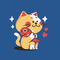 cute kitten hugging fish toy pet mascot doodle element