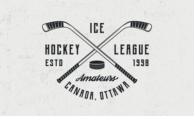 Ice Hockey league logo, poster. Vintage hockey emblem with crossed hockey cues and puck icon. Logo template for team, club, league, tournament. Vector illustration