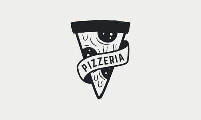 Pizza logo with ribbon banner. Cooking vintage logo. Pizza logo template. Label, badge for pizzeria, cooking courses, restaurant. Vector illustration