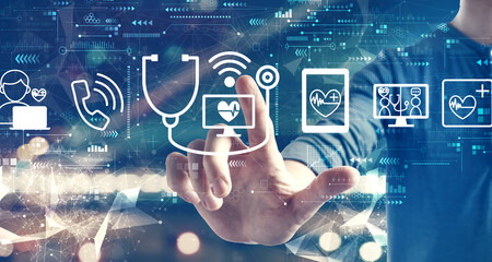 Telemedicine theme with a man on blurred city background