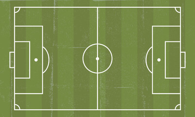 Soccer field. Top view of soccer, football field with grunge texture. Vector illustration