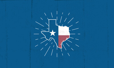 Texas map icon. Texas icon with light rays isolated on blue background. Texas poster design with grunge texture. Vector illustration