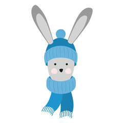 Rabbit in winter blue cap and scarf. Vector illustration hare. Symbol of the New Year 2023.