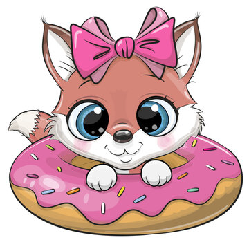 Cartoon Fox with a pink bow and donut