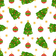 Seamless pattern with cute cartoon Christmas trees and balls.