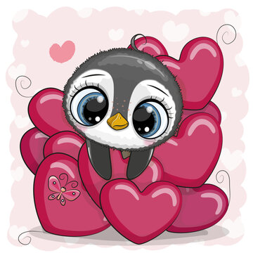 Cute Cartoon Penguin in hearts