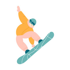 Active man snowboarding. Snowboarder jumping from mountain in action pose isolated on white. Winter extreme sport