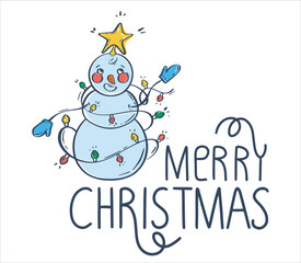 Snowman in multi-colored light bulbs and the inscription merry christmas. Cartoon character on a white background. Cute character design. Christmas vector. Congratulatory vector illustration.