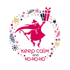 Santa Claus smiling and jumping with gifts packages. Merry Christmas doodle illustration. Cartoon greeting card, holiday poster, banner. Circle frame, stars, snowflakes. Keep calm and ho-ho-ho!