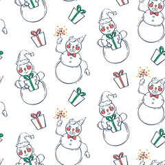Seamless pattern with snowmen and gifts. Cute character design. Christmas vector background. Festive vector illustration.