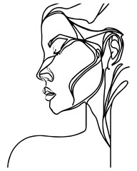 Continuous line of beautiful woman. Simple minimal sketch of young happy female. Beauty isolated. Linear art of hand drawn model. Modern vector illustration. Black line on white background.