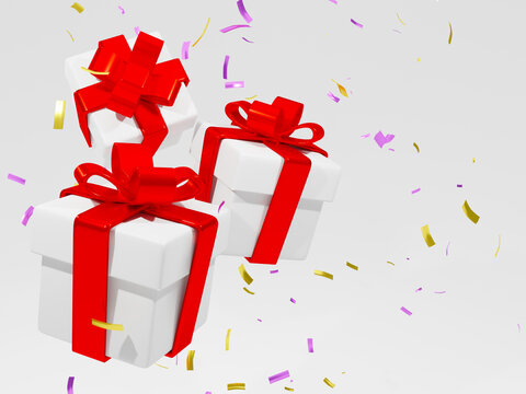 3D rendering,concept of celebration , white gift boxes tied with red bow and sprinkled with gold ribbon. on white background with copy space for text.