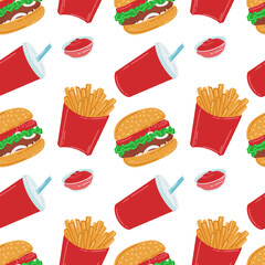 Seamless pattern with fast food. Hamburger, french fries, sauce and drink in a paper cup. American street food in flat style. Vector illustration of a fast food cafe.