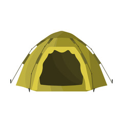 Camp tent for travel. Temporary shelter for tourists or military equipment with canvas and ropes