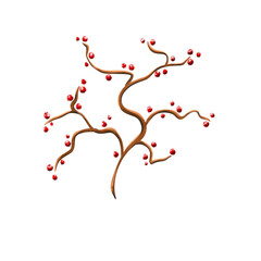 A drawn twig with red small berries. Twig element.