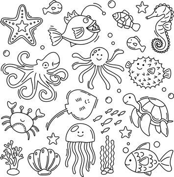 Doodle happy underwater animals collection
