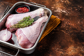 Raw turkey legs Drumsticks, Poultry meat. Dark background. Top view. Copy space