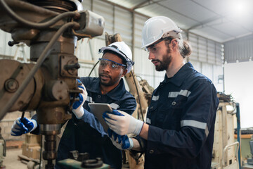Two male engineers in uniform with helmet checking and repairing drilling machines at factory...