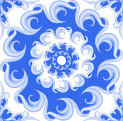 Majolica seamless pattern. Sicilian hand drawn blue ornament. Traditional blue and white ceramic tiles. Portuguese traditional azulejo pattern. Moroccan style..