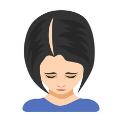 First stage of alopecia in women vector illustration. Top of female head with bald spot on scalp isolated on white background. Health, hair loss or treatment