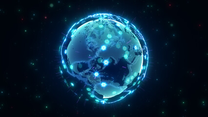 Global communication network concept, The planet earth at night with node connection, Business expansion worldwide background