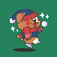 cute puppy playing snowball winter fashion collection 12 character doodle element