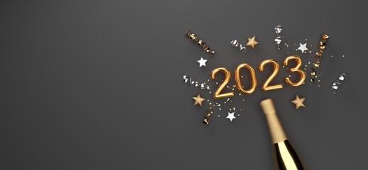 New Year 2023 celebration theme with a champagne bottle with confetti - 3D render