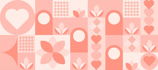 Seamless pattern, background of abstract geometric simple shapes with hearts, flowers, circles and squares in retro style. For the background or cover of invitation cards for Mother's Day, Valentine's