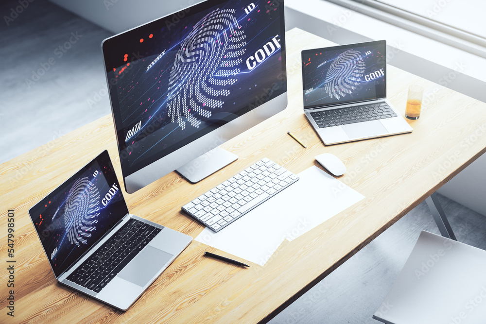 Fototapete Modern computer display with abstract graphic fingerprint sketch, fingerprint scan data concept. 3D Rendering