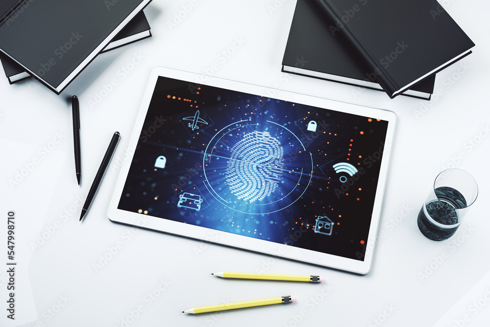 Fototapete Top view of modern digital tablet display with creative fingerprint hologram, personal biometric data concept. 3D Rendering