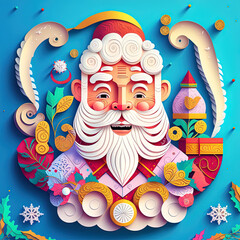 Christmas realistic 3d papercut Santa Claus. Modern colourful paper craft art concept. Cut-out Santa Claus background wallpaper